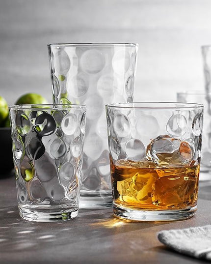 Home Essentials & Beyond Glassware Set 18 Piece Mixed Drinkware Set. 6 Highball Tumblers-17 oz., 6 Rock Whiskey-13 oz., and 6 Juice-7 oz. All Size Glass Cups Drinking Glasses. (Design on Inner Glass)