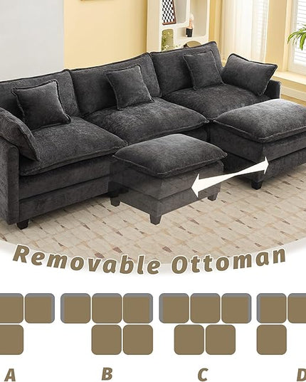 111'' Sectional Cloud Deep Seat Couch, Oversized Chenille U Shaped Sectional Sofa for Living Room Set, Comfy Upholstered Modular 5-Seats Sectional Sofa Couch with 2 Movable Ottoman, Dark Grey