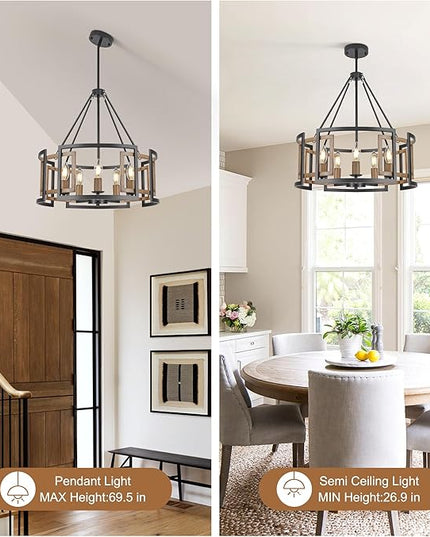 5-Light Drum Chandelier for Dining Room，19.7" Rustic Farmhouse Dining Room Light Fixture，Wood Grain and Vintage Black Metal Chandeliers for Kitchen Entryway Living Room