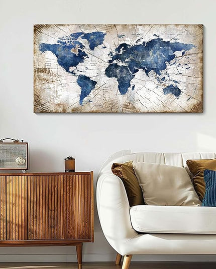 World Map Canvas Wall Art Abstract Navy World Maps for Wall Vintage Modern Wall Art for Office Framed Pictures for Living Room Bedroom Wall Decoration for Home Office Decor Artwork for Walls 20x40IN