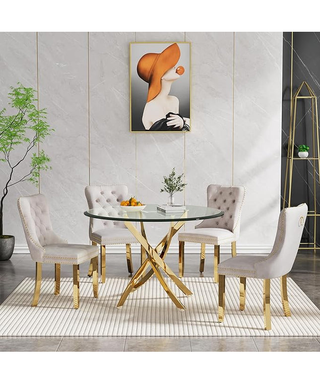 HomVent Round Glass Dining Table Set for 4, Modern Tempered Glass Kitchen Table Set and Chairs, Round Glass Dining Room Table Set for Kitchen (Gold, 36 inch Gold Table with 4 Beige Chairs)