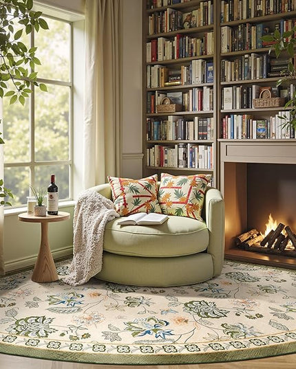 jinchan Elora Floral Corner Rug for Living Room Washable Rug Vintage Romance Christmas Design Non Slip Quarter Circle Lightweight Low-Pile Throw Carpet for Reading Playroom, 7ft Radius, Green/Beige