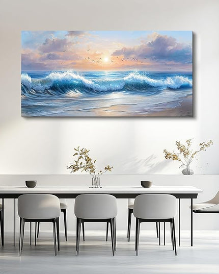 XIGUANGART Large Wall Decor for Living Room Ocean Paintings Canvas Prints Wall Art for Bedroom Blue Modern Minimalist Artwork Beach Sunrise Sea Wave Nature Pictures Office and Bathroom Home Decor