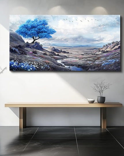 XIGUANGART Canvas Wall Art for Living Room Blue Flowers Tree of Life Art Prints Painting Landscape Nature Picture Modern Artwork Wall Decor for Bedroom Kitchen Home Office Mural Posters Gift 30"X60"