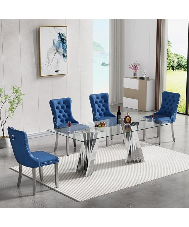 5 Piece Glass Dining Table Set,70" Dinner Room Glass Table Set for 4,Modern Kitchen Dinner Table Set with Stainless Steel Base and 4 Upholstered Velvet Dining Chairs for Living Dining Room