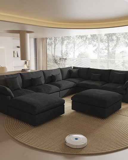 Cloud Couch Modular Sectional Sofa,160" U Shaped Couch, Convertible Wide Seater with Ottoman, 8 Seater for Living Room Set,Covers Washable&Replaceable,Black