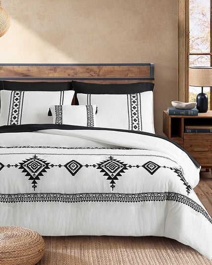 MaiRêve Embroidery Comforter Set Queen Size - 7 Piece, White Boho Western Bedding All Season Bed in A Bag, Farmhouse Queen Comforter Set with Sheets, Pillowcases & Shams