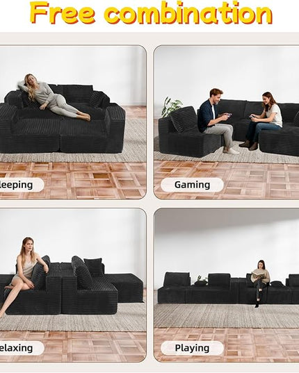 132" U Shaped Boneless Couch, Cloud Sectional Modular Sofa with Double Chaise Lounge, Flannel Cloud Couch with Pillows & Deep Seat, Boneless Sofa for Living Room, Flannel Black