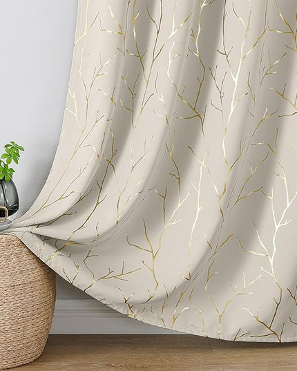 BUHUA Blackout Curtains 72 Inches Length, Thermal Curtain for Bedroom 2 Panels Set, Room Darkening Curtains with Gold Shinny Branches Tree Patern, 52W×72L Natural
