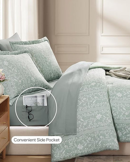 Full Comforter Set -7 Pieces Green Floral Comforter Set for All Seasons, Bed in a Bag Full with Botanical Flowers Comforter, Sheets, Pillowcases & Shams