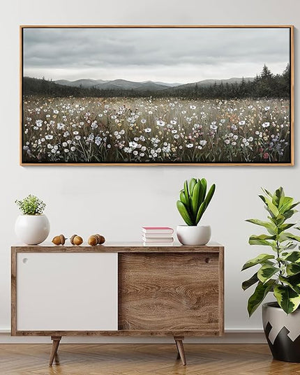 HGUAOA Vintage Landscape Wall Art for Bedroom and Living Room - Large Floral Artworks Farmhouse Wall Decor - Framed Neutral Nature Pictures - Above Bed Wall Decor with Mountain Scenery 24×48IN