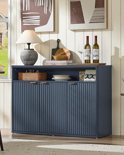 LEYAOYAO Fluted Buffet Cabinet with Storage, 45" Wide Wood Sideboard Credenza with 3 Doors & Open Storage Shelf, Modern Kitchen Console Accent Cabinets, Coffee Bar Table for Dining Room, Dark Blue