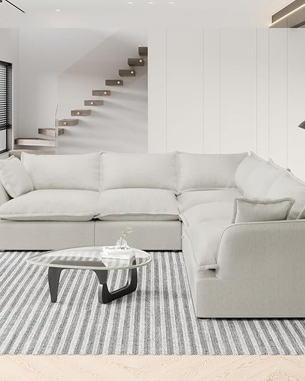 Cloud Modular Sectional Sofa, 5 Seaters Convertible Deep Seat Modular Couch,V Shape Down Fill Sofa, Detachable Couch Cushion Covers,Corner Sofa with Ottoman for Living Room,Office,Gray