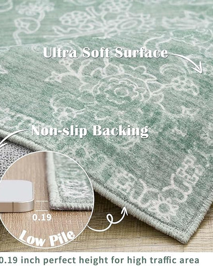 jinchan Runner Rug 2x5 Green Kitchen Rug Hallway Runner - Machine Washable Vintage Floral Non-Slip Low Pile Soft Ultra-Thin Distressed Carpet for Entryway Farmhouse Bedroom Laundry Room (2’x5’, Green)
