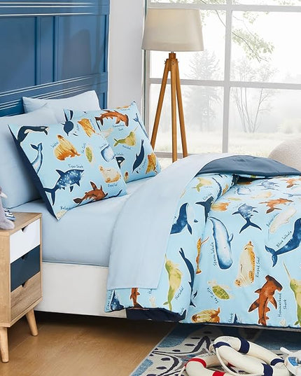 Twin Comforter Set for Boys-5 Pieces Ocean Animals Glow in The Dark Twin Bedding Sets for Kids, Ultra Soft Bed in A Bag with Sheets