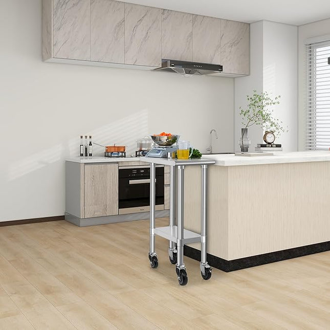 HARDURA Stainless Steel Commercial Table Prep & Work Table with Casters Heavy Duty Metal Table with Wheels NSF 430 24×12 Inches