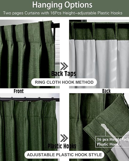 IVAPUPU Linen Pinch Pleated Blackout Curtains for Bedroom - Full Black Out Green Curtains 90 Inch 2 Panels Set for Living Room Darkening Thermal Window Curtain Drapes for Christmas Decor