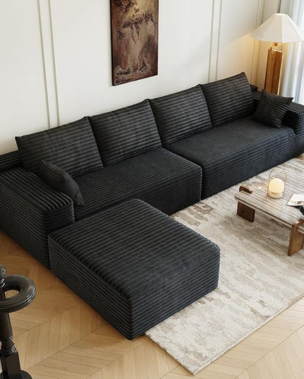 139.4" Modular Sectional Sofa, L-Shaped Minimalist Couches with Ottoman Chaise, Modern Deep Seat Convertible Sleeper Sofa,Cloud Plush Corduroy Fabric, No Assembly Required, 5 Seater, Black