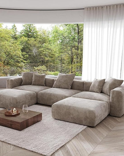 JACH 141" Oversized Modular Sectional Couch, Deep 3-Seats Corduroy Sofa with Chaise Ottomans, Huge Plus Convertible Soft Sofas, Minimalist Couches for Living Room, Apartment, Light Brown