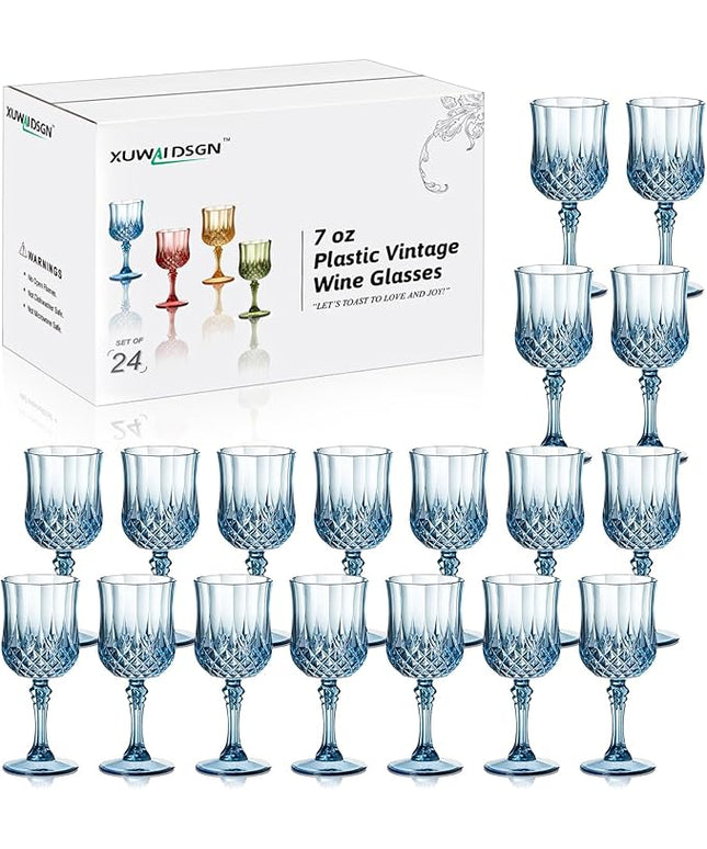 XUWAIDSGN 24 Pcs 7oz Plastic Vintage Wine Glasses Drinking Glasses Unbreakable Wedding Glassware Crystal Water Goblets Reusable Drinkware Vintage Champagne Flutes (24, Blue)
