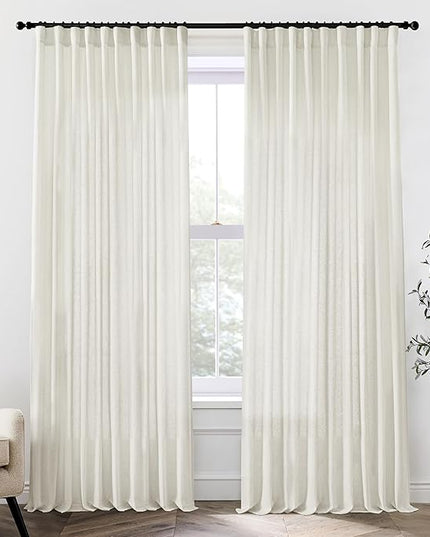 Extra Wide Curtains 70 In Width for 72 Inch Window,Pleated Back Tab Linen Semi Sheer Full Length Curtains for Living Room Sliding Glass Door 2 Panel Set,72x102,70x102,6FT x 102 Inches Long,Cream