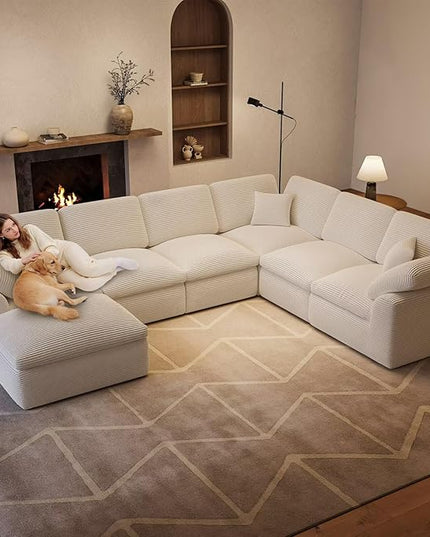 Oversized Cloud Couch Sectional Sofa, 7 Seater Modular Sectional Couches with Movable Ottoman, Convertible Corduroy Couch Boneless Comfy Sofa for Living Room, No-Assembly, Cream