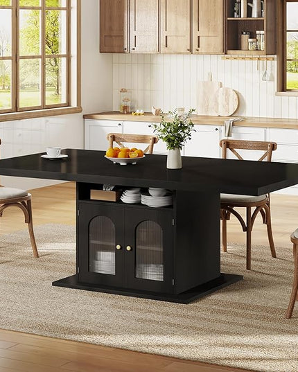 HSH Black Dining Table for 4 to 6, Modern Kitchen Dining Room Table with 3-Tier Storage Shelf and Acrylic Door Cabinet, Rectangular Wooden Dinner Tables for Home Kitchen Living Room, Black Oak，63 in