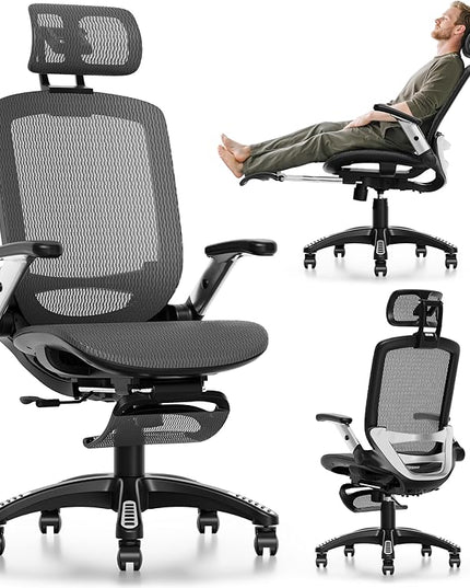 GABRYLLY Ergonomic Office Chair with Footrest, High Back Home Desk Chair - 3D Headrest, Flip-Up Arms, 135° Tilt and Wide Cushion, Heavy Duty Mesh Chairs for Task Computer Gaming,GYB01-FT