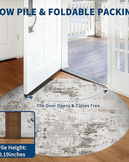 Modern Abstract 8x8 Round Area Rug Non Slip Non Shedding Rug Low Pile Stain Resistant for Bedroom Living Room Office Dining Room,Taupe/Beige