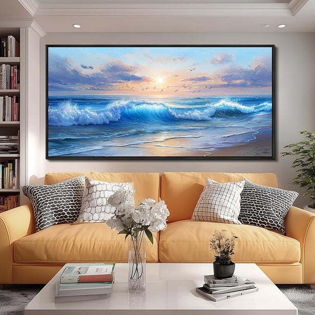 XIGUANGART Ocean Canvas Wall Art, Blue Sea Wave and Large Coastal Beach Paintings Sunset Seascape Pictures Artwork Wall Decor for Living Room Bedroom Bathroom Kitchen Hallway Home Office Black Framed