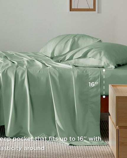 Bedsure California King Sheet Sets, Cooling Sheets, Rayon Derived from Bamboo, Breathable & Soft, Deep Pocket Up to 16 Inches, Hotel Luxury Silky Bedding for Hot Sleepers, Sage Green