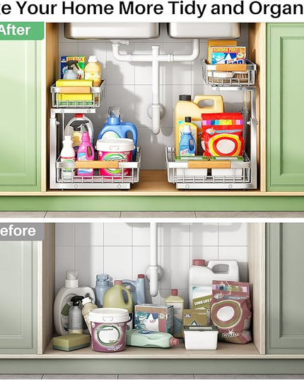Under Sink Organizer, Stainless Steel 1-Pack 2 Tier Under Sink Organizers and Storage, Slide out Pull out Cabinet Shelf, Sliding Drawer for Kitchen Bathroom Pantry Cabinet Closet Organization Rack