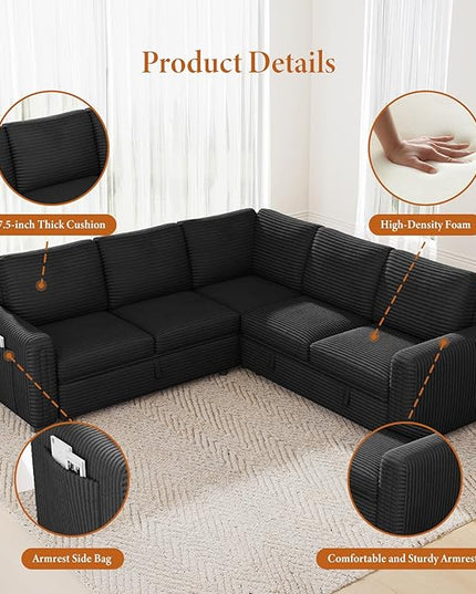 Vesgantti 88.4" Sectional Sleeper Sofa with Pull Out Bed, 5 Seater L Shaped Modular Sectional Couch with Storage, Comfy Corduroy Modular Couch for Living Room, Bedroom, Apartment, Black