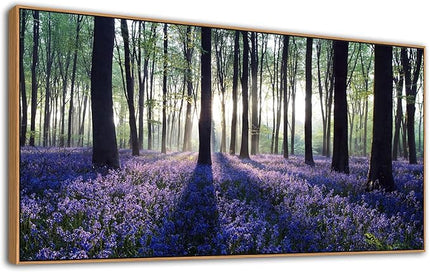 yearainn Framed Lavender Forest Wall Art – Purple Lavender Field with Sunlight through Trees Canvas Picture, Nature Landscape Painting Artwork for Home Wall Decor, Natural Wood Frame, 24" x 48"