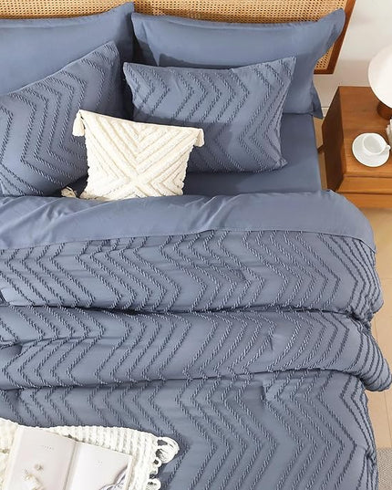 Litanika Full Size Comforter Set with Sheets Bluish Grey - 7 Pieces Bed in a Bag Full Chevron Tufted Complete Bedding Sets with Comforter, Sheets, Pillowcases & Shams