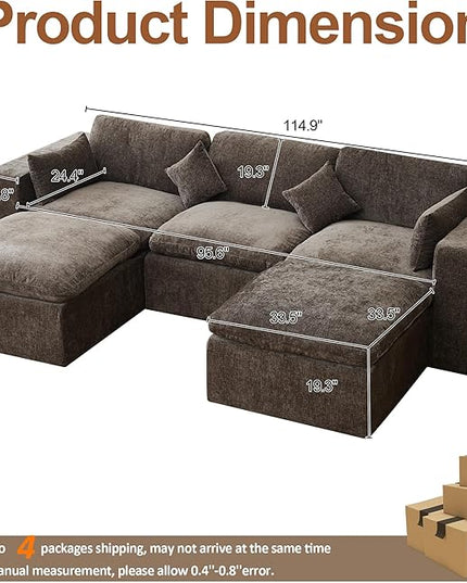 115'' Cloud Boneless Sectional Couch, Modular Sectional Sofa Deep Seat with 2 Ottomans, Oversized Upholstered Convertible Comfy 5 Seater Chenille Sofa U Shape Couches for Living Room, Brown