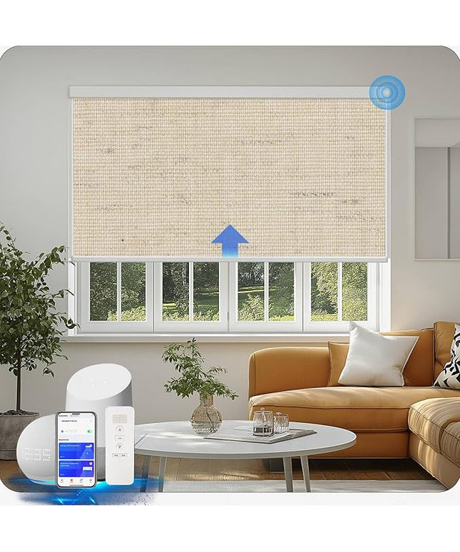 Motorized Blinds with Remote Cordless Automatic Motorized Shades Custom Blinds for Windows Smart Curtains Compatible with Alexa Google Home(Blackout Linen Soft Dunes,W46 x H72in)