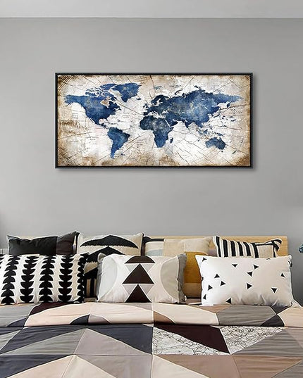 World Map Canvas Wall Art Navy World Maps for Wall Vintage Modern Wall Art for Office Framed Pictures for Living Room Bedroom Wall Decoration for Home Office Decor Artwork for Walls 20x40IN