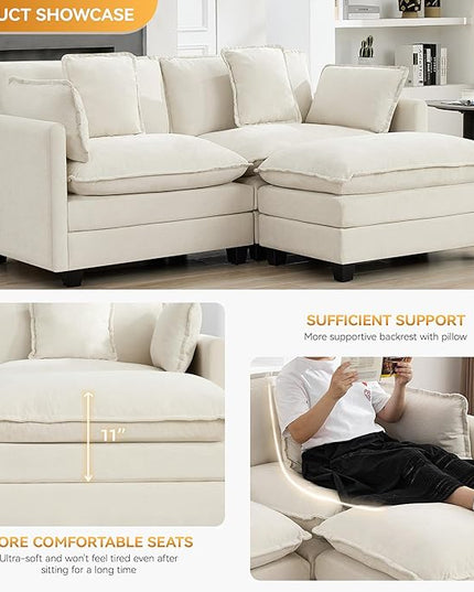 76'' Cloud Deep Seat Loveseat Sofa, Upholstered Chenille Modular 3-Seats Sectional Sofa Couch with Movable Ottoman, Modern Comfy Settee Loveseat for Living Room Set, Small Apartment, Beige