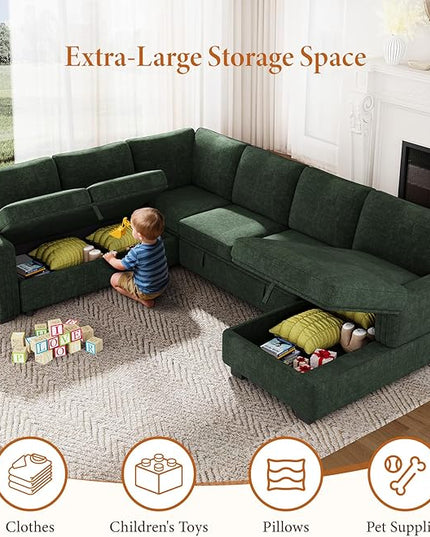 Vesgantti 113.6" Modular Sectional Sofa with Pull Out Couch Bed, 7 Seater U Shaped Sleeper Sofa with Storage Chaise, Chenille Sectional Couch for Living Room, Bedroom, Apartment, Green