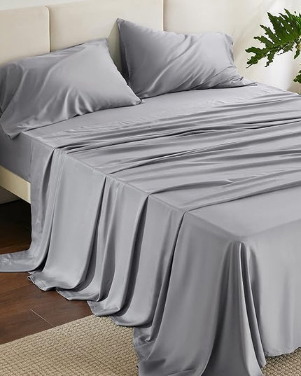 Bedsure Queen Sheet Set, Rayon Derived from Bamboo, Cooling Sheets, Deep Pocket Up to 16", Breathable & Soft, Hotel Luxury Silky Bedding for Hot Sleepers, Silver Grey