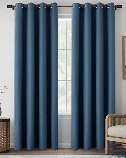 Denim Blue 100% Blackout Linen Look Curtains 84 Inch Length for Nursery Bedroom, Noise Reducing Thermal Insulated Farmhouse Drapes for Living Room, Denim Blue, W52 x L84, 2 Panels