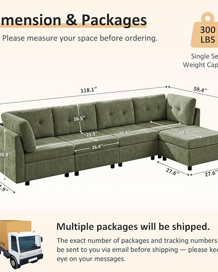 VANOMi 118" Cloud Couches for Living Room with Ottoman, 4 Seater Modular Sectional Sofas & Couches, Cozy Chenille Cloud Sectional Couch Sofa for Apartment, Office, Olive Green, L Shaped