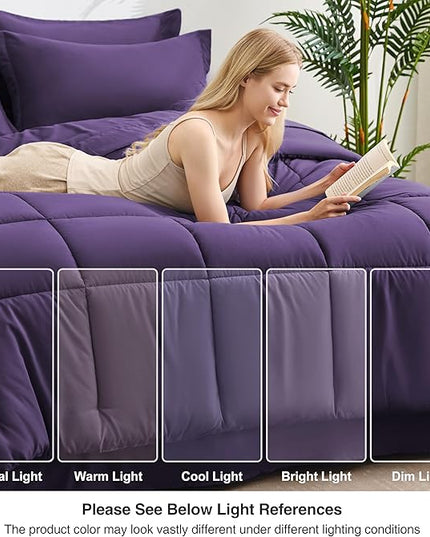 Love's cabin Twin Comforter Set Dark Purple, 5 Pieces Twin Bed in a Bag, All Season Bedding Sets with 1 Comforter, 1 Flat Sheet, 1 Fitted Sheet, 1 Pillowcase and 1 Pillow Sham