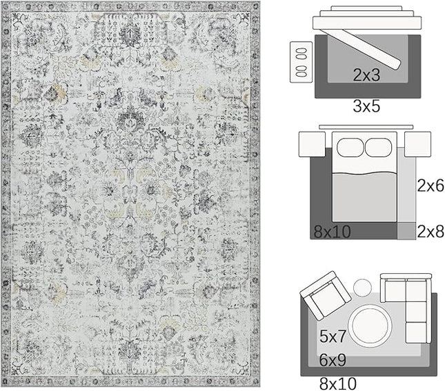 jinchan Kalen Runner Rug 3x10 Washable Area Rug Soft Vintage Indoor Floor Cover Thin Retro Distressed Grey Multi Carpet Floral Print Country Non Slip for Bathroom Kitchen Bedroom Living Room