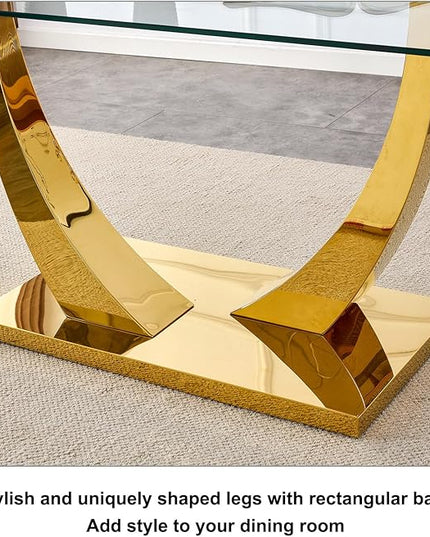 63” Glass Dining Table Set for 6,Gold Dining Room Table Set for 6,Modern Kitchen Table and PU Leather Chairs for 6, Rectangle Tempered Glass Top and Golden Base