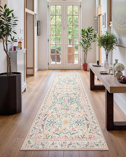 Wonnitar Floral Washable Runner Rug, 2'6"x8' Runners for Hallways Pink Rugs for Entryway Bedroom, Boho Non Slip Soft 8ft Long Carpet for Kitchen Bathroom Laundry