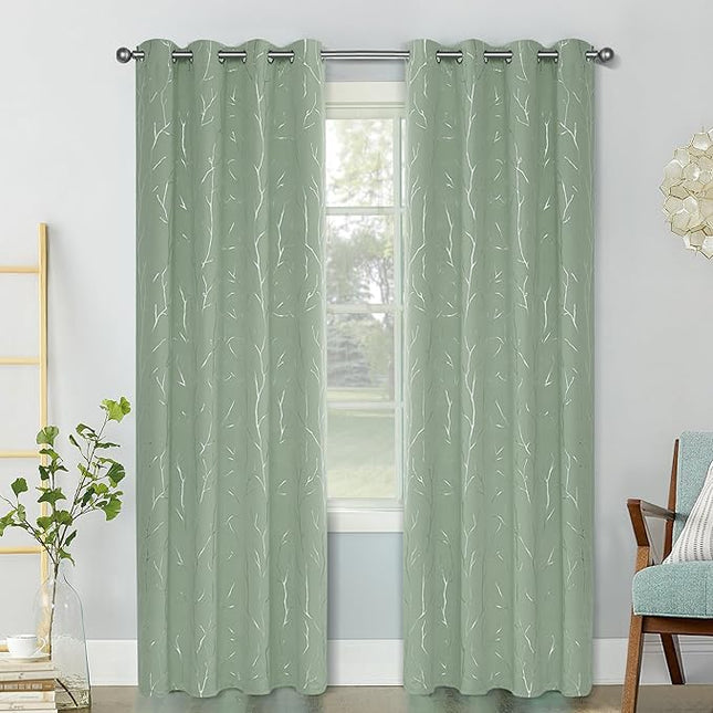 BUHUA Black Out Curtains 63 Inch Long 2 Panels, Soundproof Curtains with Elegant Silver Tree Branches Print, Heat Blocking Curtains for Livingroom, 52W x 63L, Sage Green