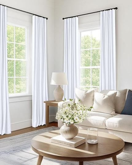 INOVADAY 100% Blackout Curtains for Bedroom, Black Out Curtains 84 Inch Long, Clip Rings Linen Blackout Drapes, Thermal Insulated Room Darkening for Living Room, 2 Panels - Brightwhite,W50xL84