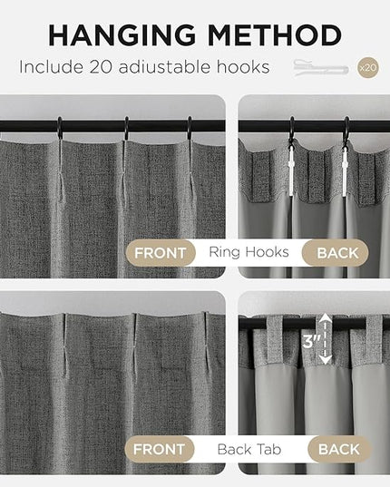 Joydeco Pinch Pleated Curtains - 100% Blackout for Bedroom, Light Grey Linen Curtains 40" W x 108" L, Thermal Insulated 2 Panels Light Blocking Drapes, Back Tabs for Living Room